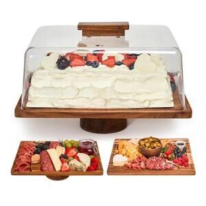 Acacia Wood Cake Stand with Lid -2-in-1 Rectangular Charcuterie Board